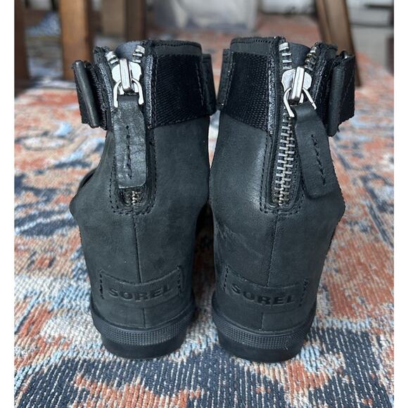 SOREL Women's Joanie II Ankle Strap Black Leather Wedge Sandals Size 8 - Picture 6 of 11